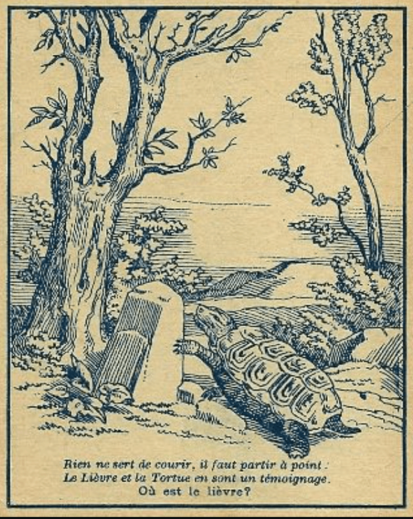 Ilustrace bajky o zajíci a želvě s ukrytým zajícem